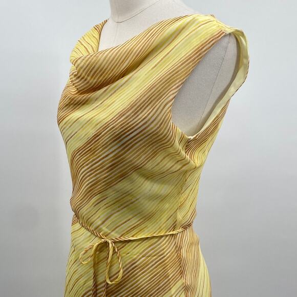Vintage Y2k Bias Cut Cowl Neck Midi Dress Stripe Pattern Tie Waist Yellow Small - Picture 4 of 9